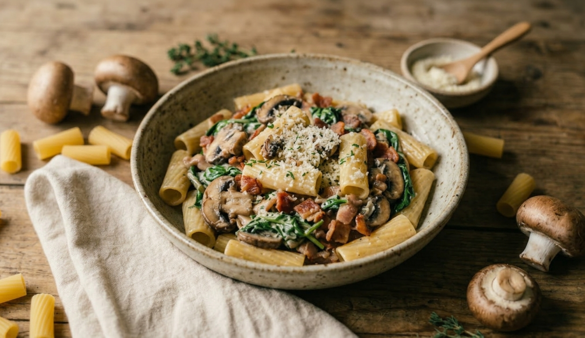 Cremige Rigatoni mit Champignons, Blattspinat und Speck in rustikaler Keramikschüssel auf Holztisch