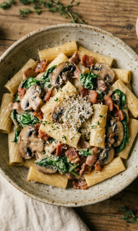 Rigatoni Rezept mit Champignons, Blattspinat und Speck in cremiger Soße, serviert in einer rustikalen Keramikschüssel auf einem Holztisch
