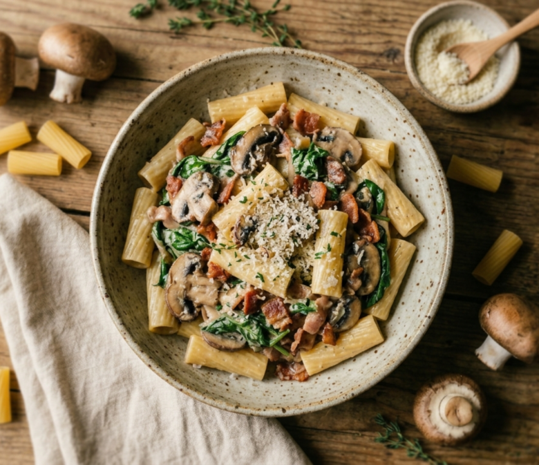 Rigatoni Rezept mit Champignons, Blattspinat und Speck in cremiger Soße, serviert in einer rustikalen Keramikschüssel auf einem Holztisch