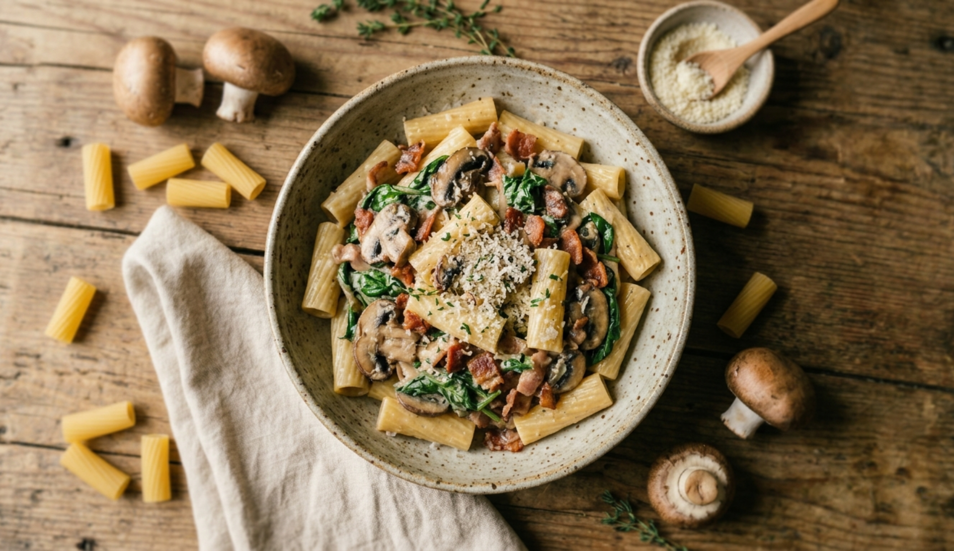 Rigatoni Rezept mit Champignons, Blattspinat und Speck in cremiger Soße, serviert in einer rustikalen Keramikschüssel auf einem Holztisch