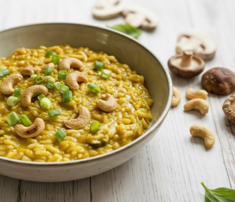 Curry-Risotto mit Shiitake-Pilzen und Cashews in weißer Schüssel von oben, garniert mit Frühlingszwiebeln auf hellem Holztisch