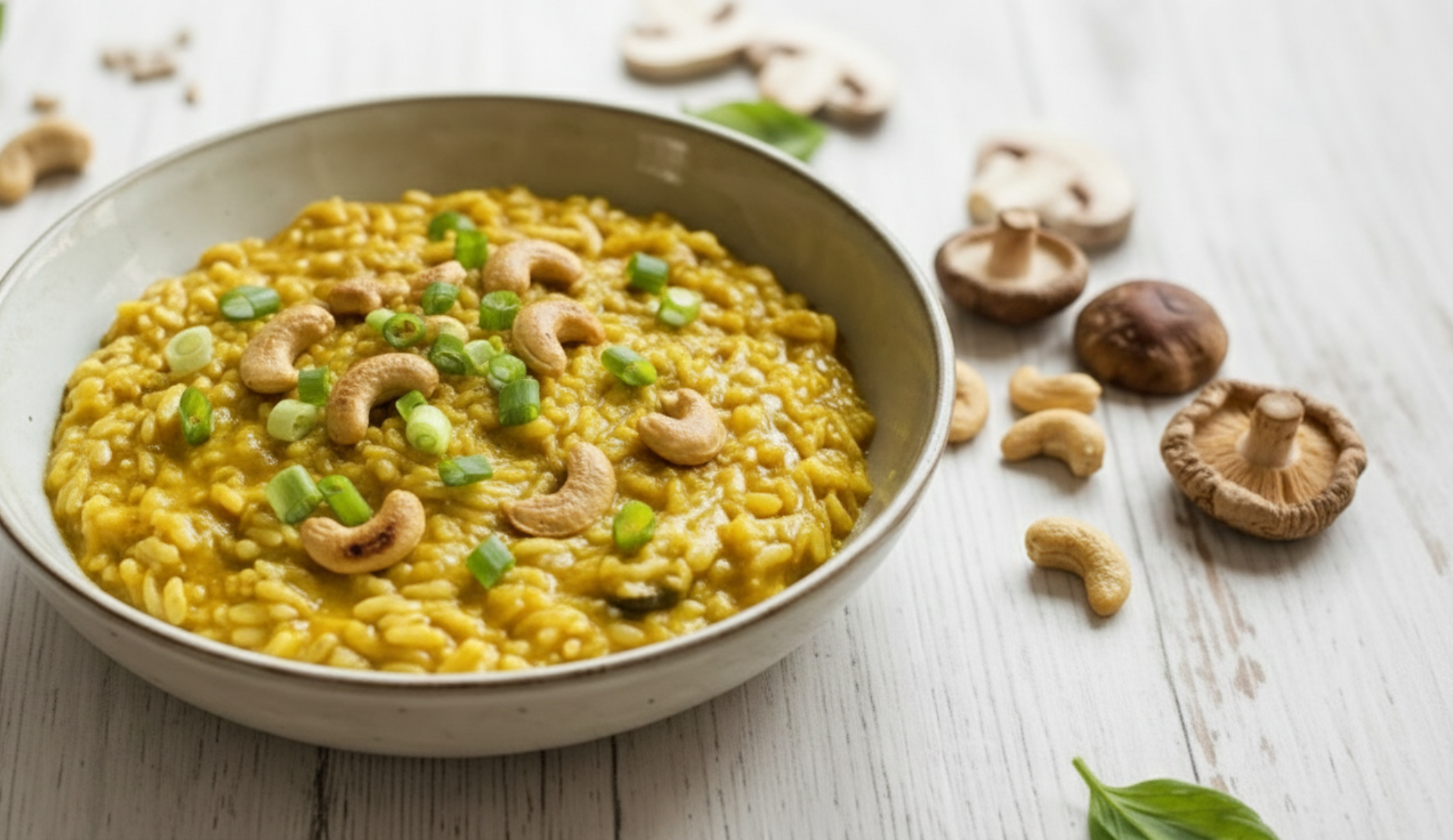Curry-Risotto mit Shiitake-Pilzen und Cashews in weißer Schüssel von oben, garniert mit Frühlingszwiebeln auf hellem Holztisch