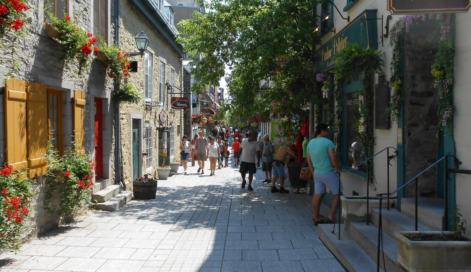 Einkaufsstraße Rue du Petit-Champlain in Quebec City mit historischen Gebäuden, blühenden Blumen und flanierenden Menschen im Sommer.