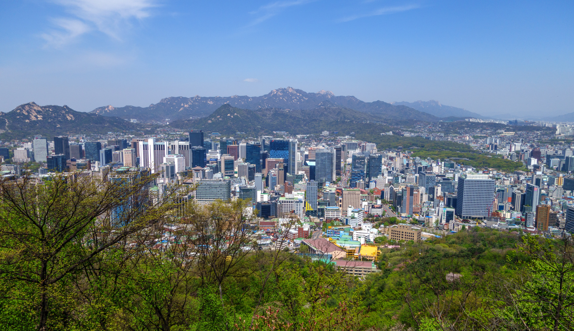 Panoramablick über die Skyline von Seoul vom Namsan aus mit Bergen im Hintergrund und grüner Vegetation im Vordergrund