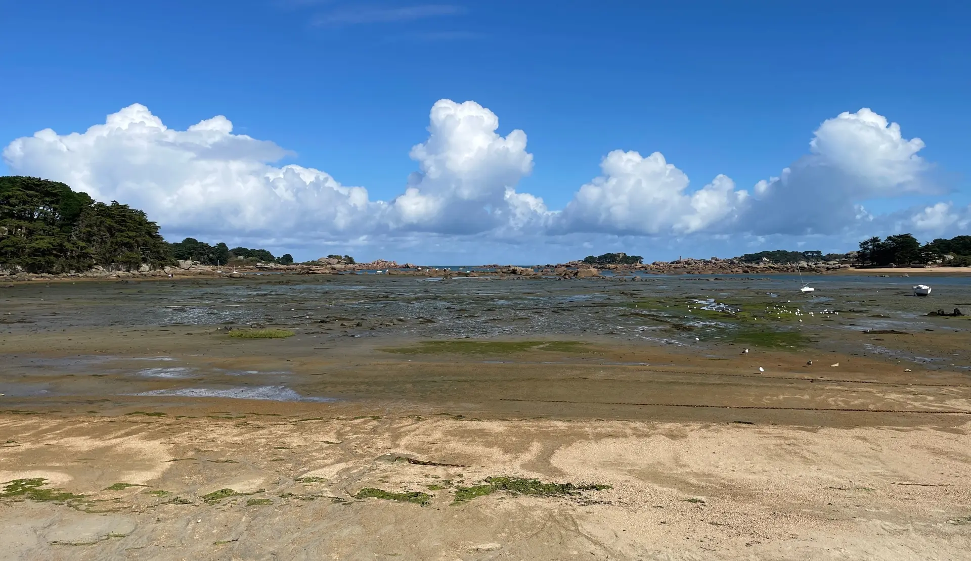 Strand von Tourony in Trégastel bei Ebbe mit Blick auf die rosa Granitküste