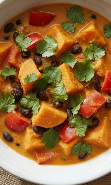 Süßkartoffel-Eintopf mit Kokosmilch und schwarzen Bohnen in weißer Schüssel, garniert mit frischem Koriander