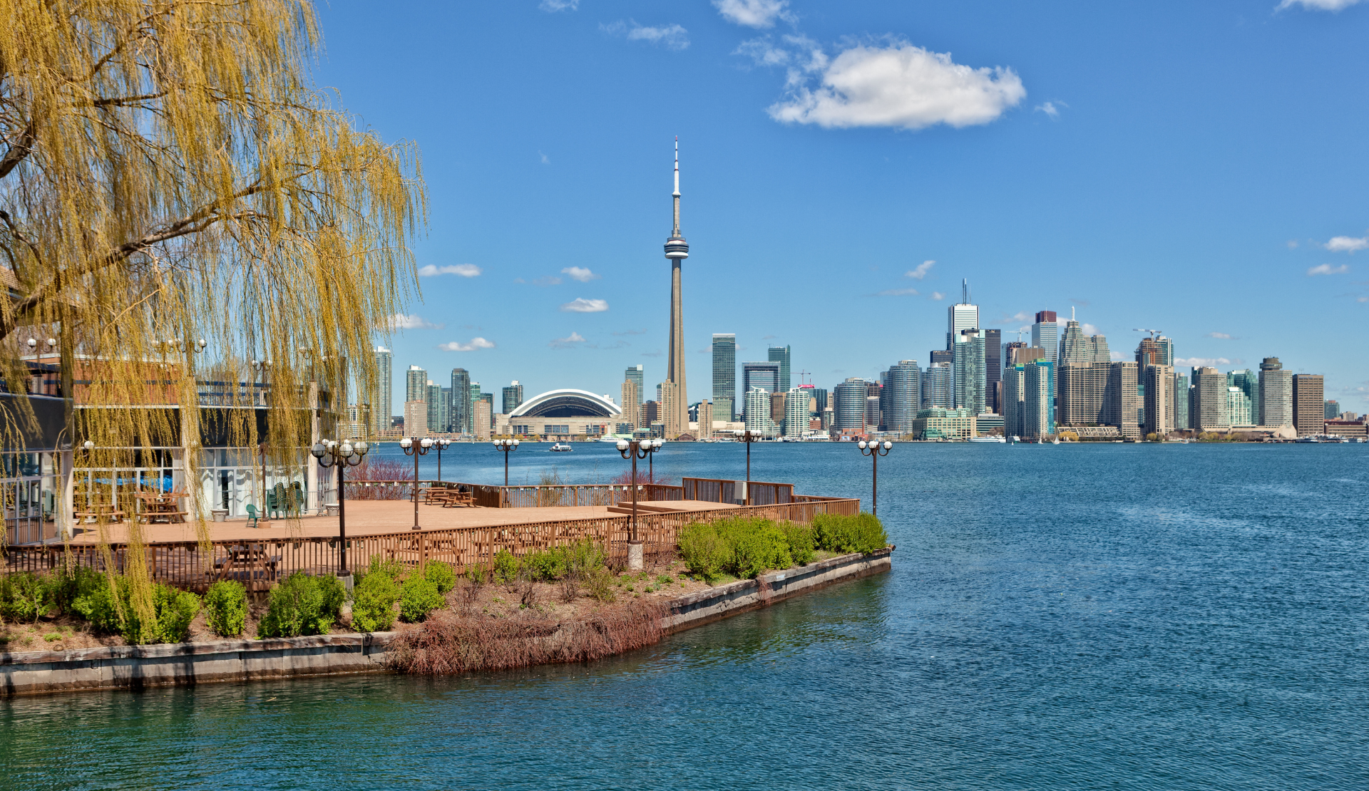 Toronto Skyline mit CN Tower an einem klaren Frühlingstag, gesehen vom Uferweg mit Bäumen und Parkanlage im Vordergrund