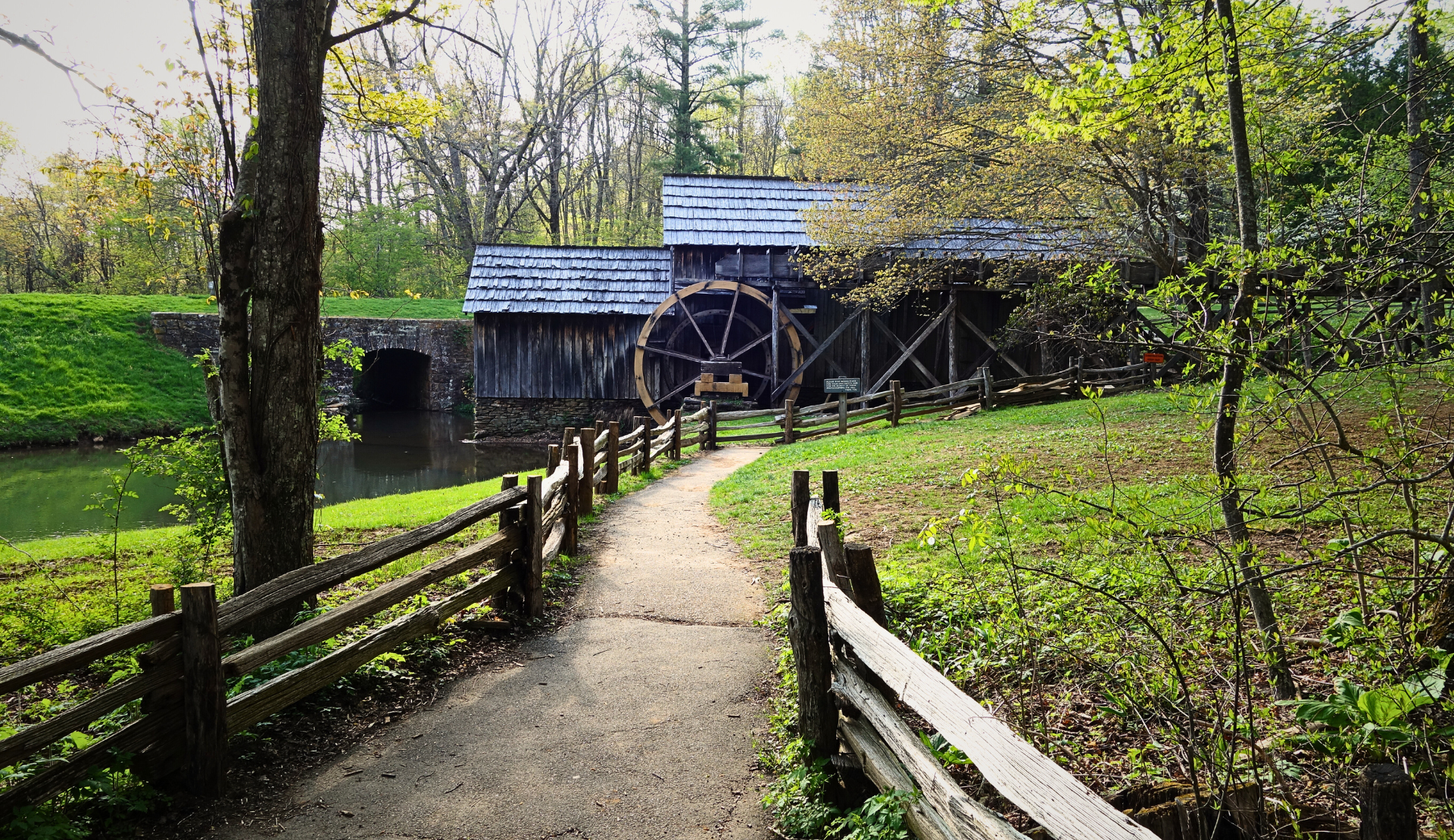 Historische Mabry Mill mit Wasserrad am Blue Ridge Parkway in Virginia umgeben von grüner Frühlingslandschaft