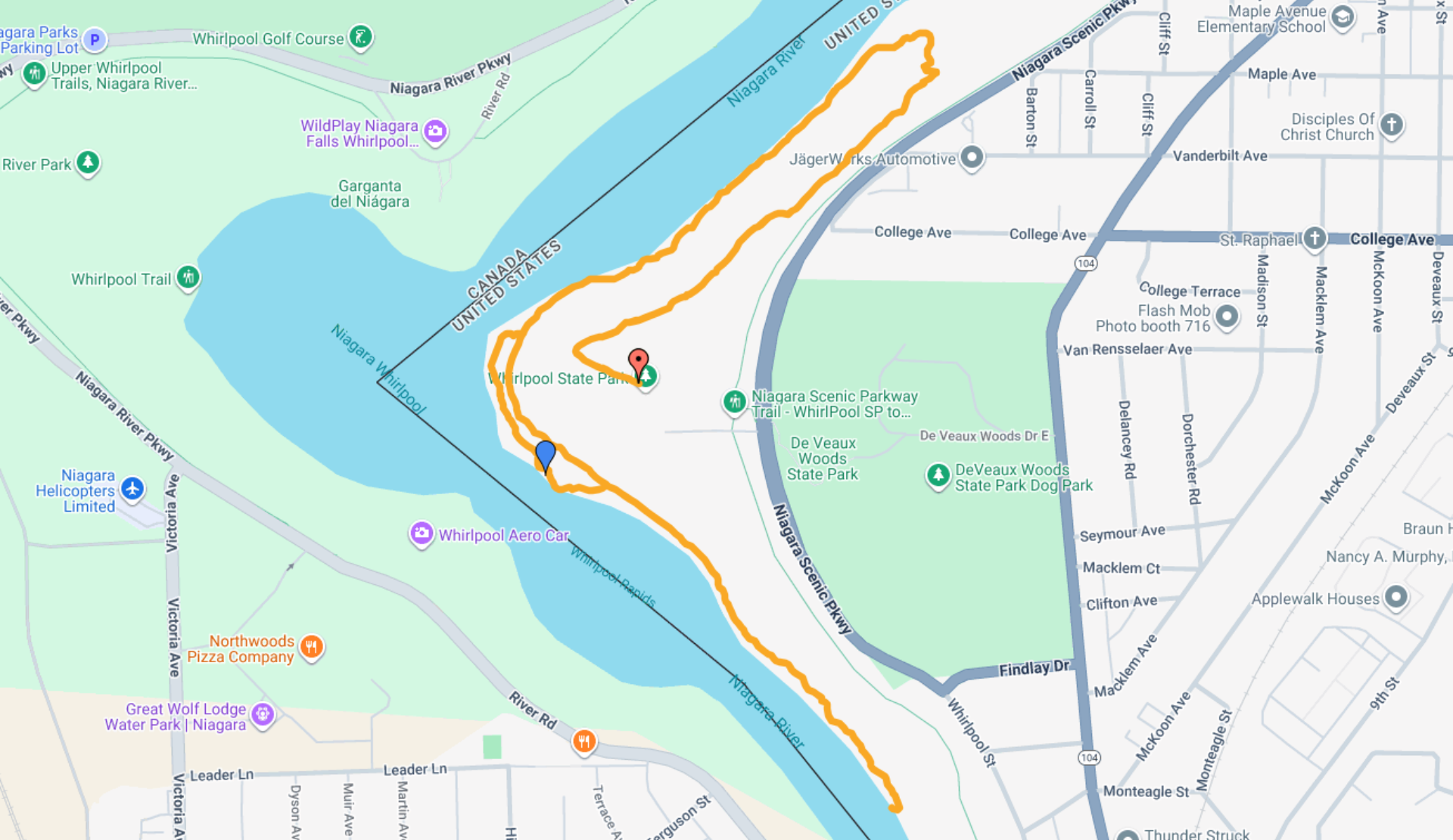 Karte des Whirlpool Rapids Trail in der Niagara-Schlucht, USA